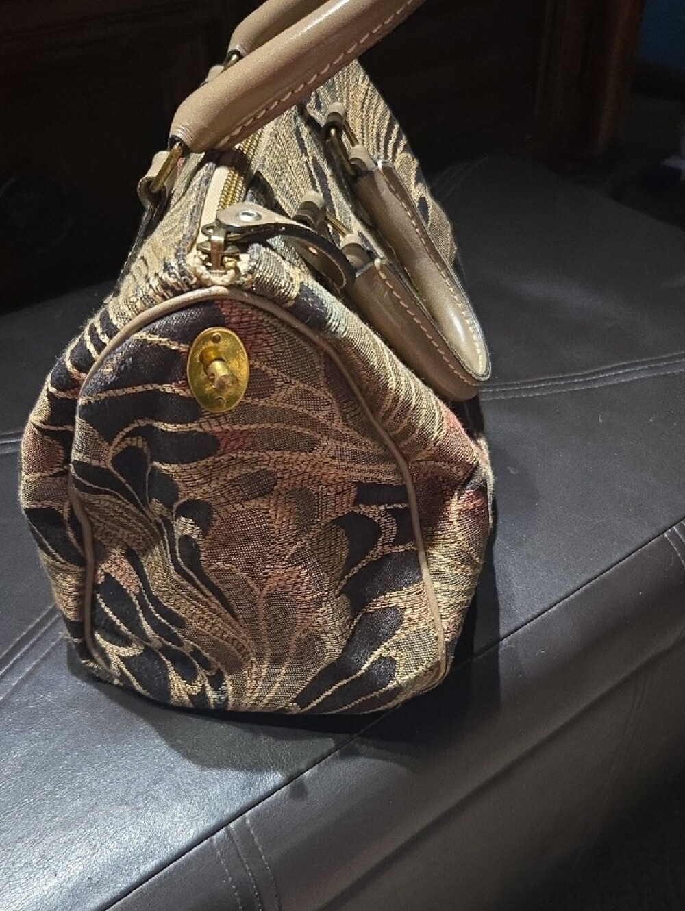 French~Tapestry Pattern Satchel Handbag in Tan and Black - Picture 4 of 7